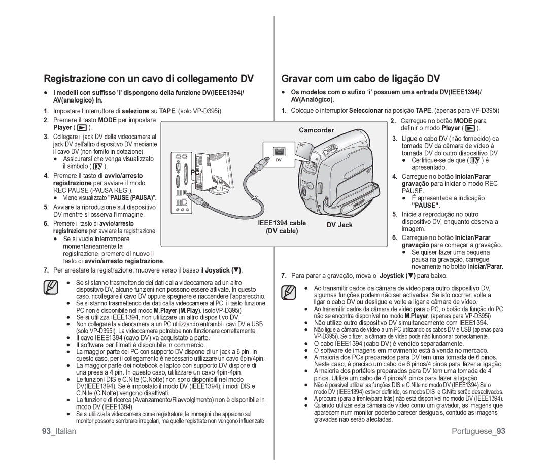 Samsung VP-D391/EDC manual Registrazione con un cavo di collegamento DV, Gravar com um cabo de ligação DV, Portuguese93 