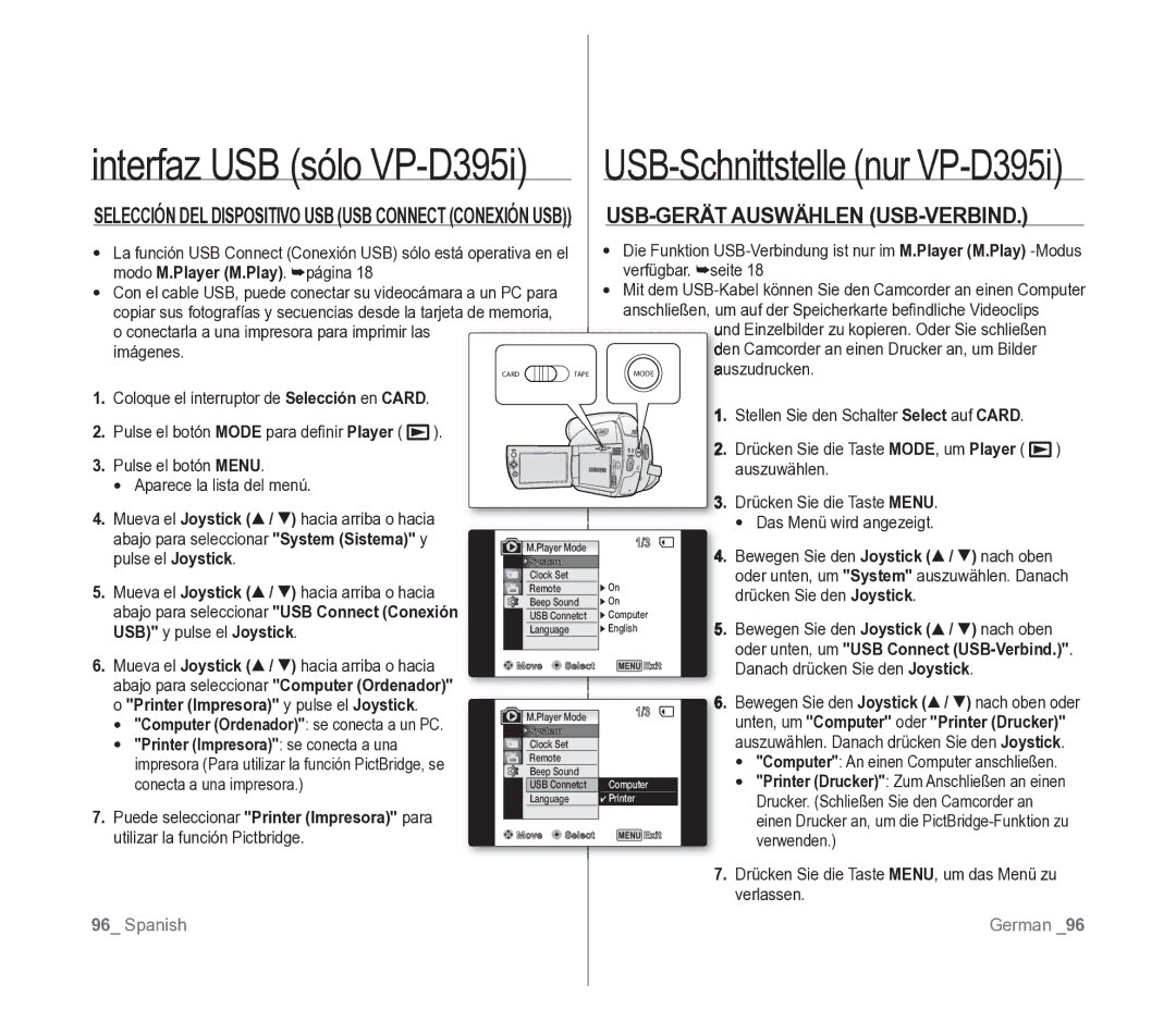 Samsung VP-D391/EDC manual USB-GERÄT Auswählen USB-VERBIND, USB y pulse el Joystick 