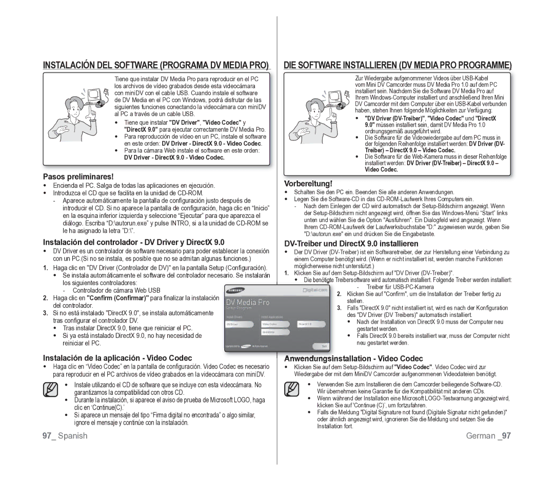 Samsung VP-D391/EDC manual Instalación DEL Software Programa DV Media PRO 