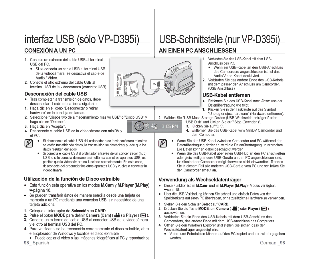 Samsung VP-D391/EDC manual Conexión a UN PC, AN Einen PC Anschliessen 