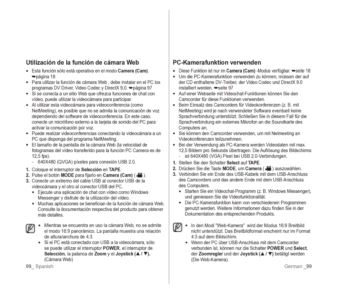 Samsung VP-D391/EDC manual Utilización de la función de cámara Web, PC-Kamerafunktion verwenden, Cámara Web 