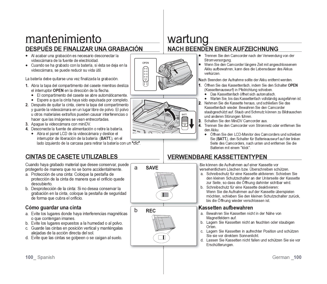 Samsung VP-D391/EDC manual Mantenimiento, Wartung 