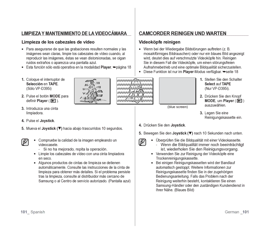 Samsung VP-D391/EDC manual Camcorder Reinigen UND Warten, Limpieza Y Mantenimiento DE LA Videocámara, Videoköpfe reinigen 