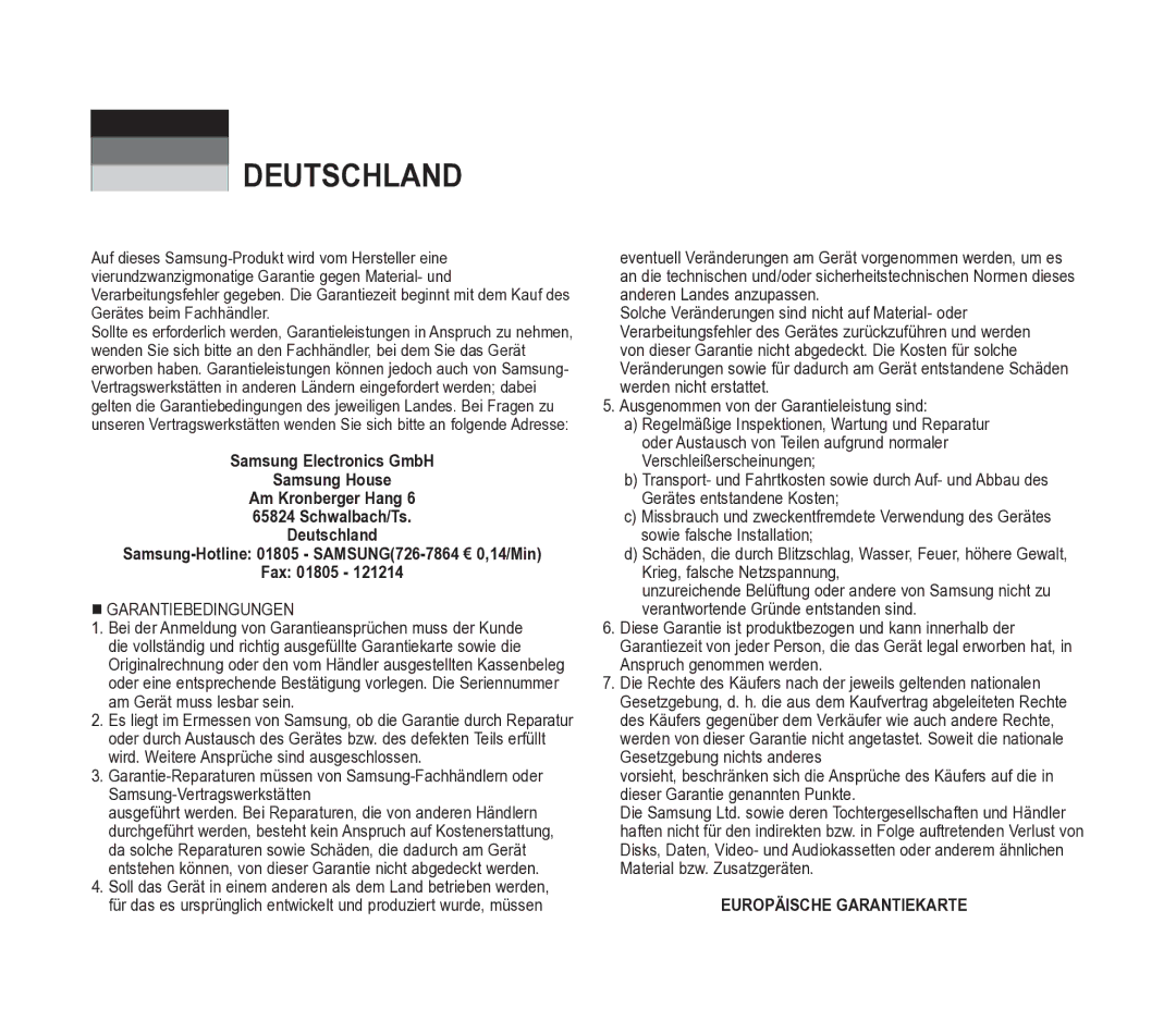 Samsung VP-D391/EDC manual Deutschland, Europäische Garantiekarte 