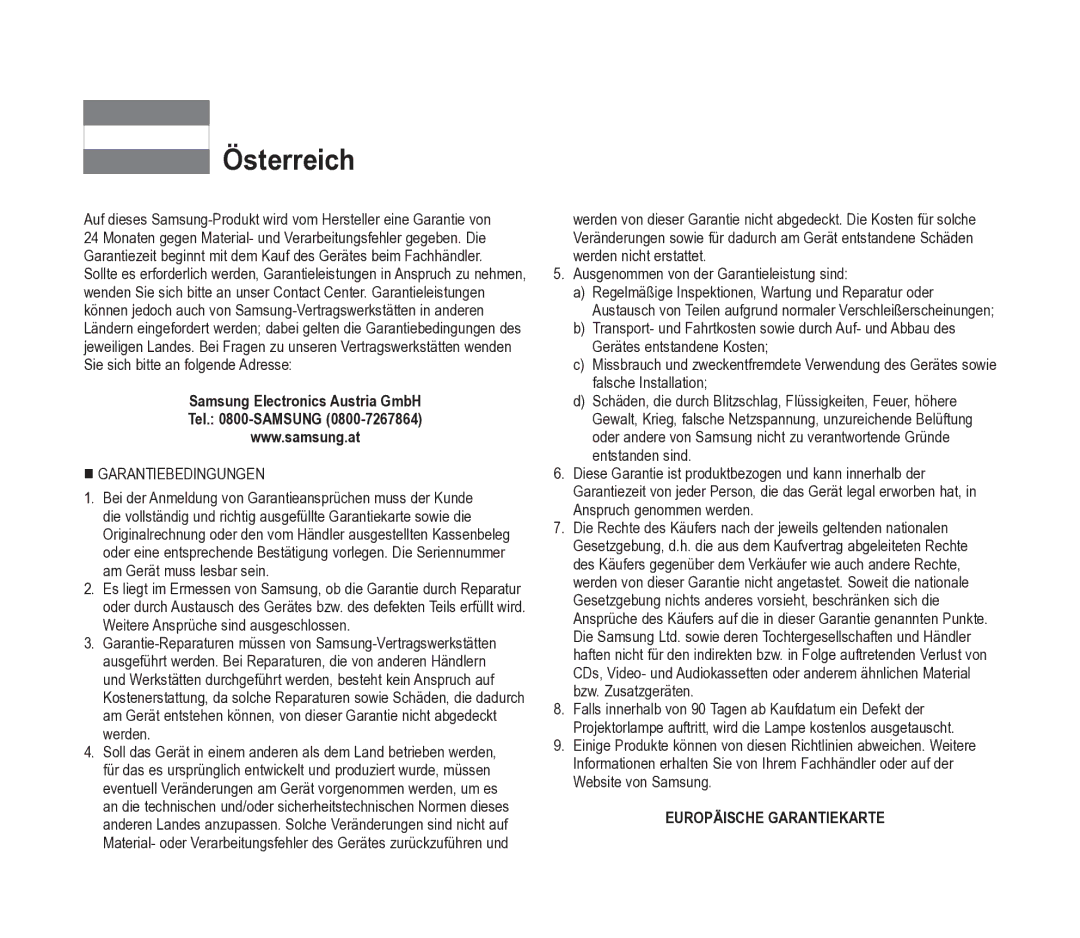 Samsung VP-D391/EDC manual Österreich, Samsung Electronics Austria GmbH Tel -SAMSUNG 