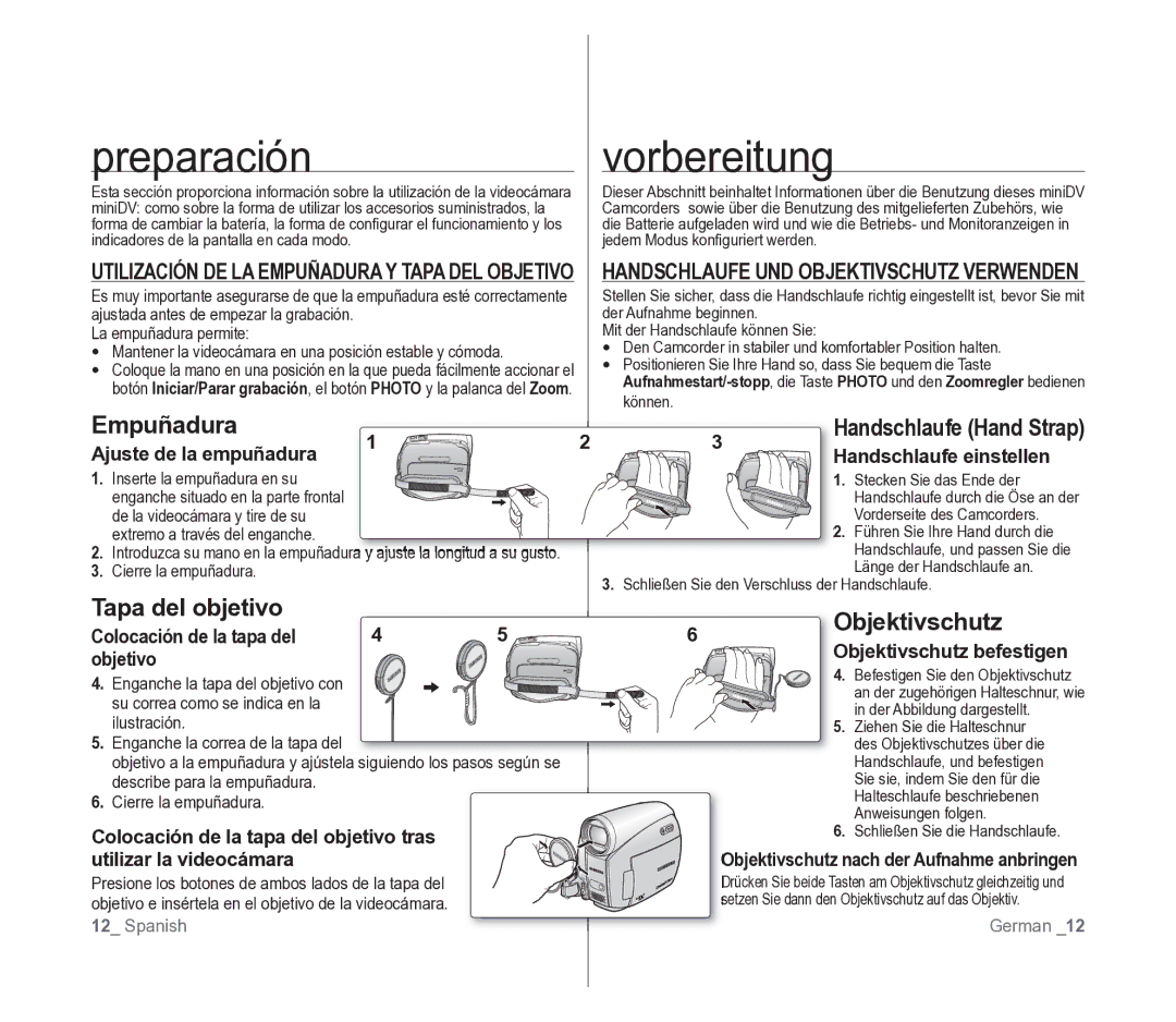 Samsung VP-D391/EDC Preparación Vorbereitung, Ajuste de la empuñadura Handschlaufe einstellen, Colocación de la tapa del 