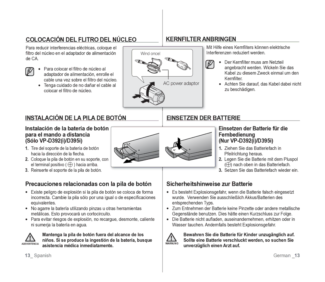 Samsung VP-D391/EDC manual Colocación DEL Flitro DEL Núcleo, Instalación DE LA Pila DE Botón, Kernfilter Anbringen 