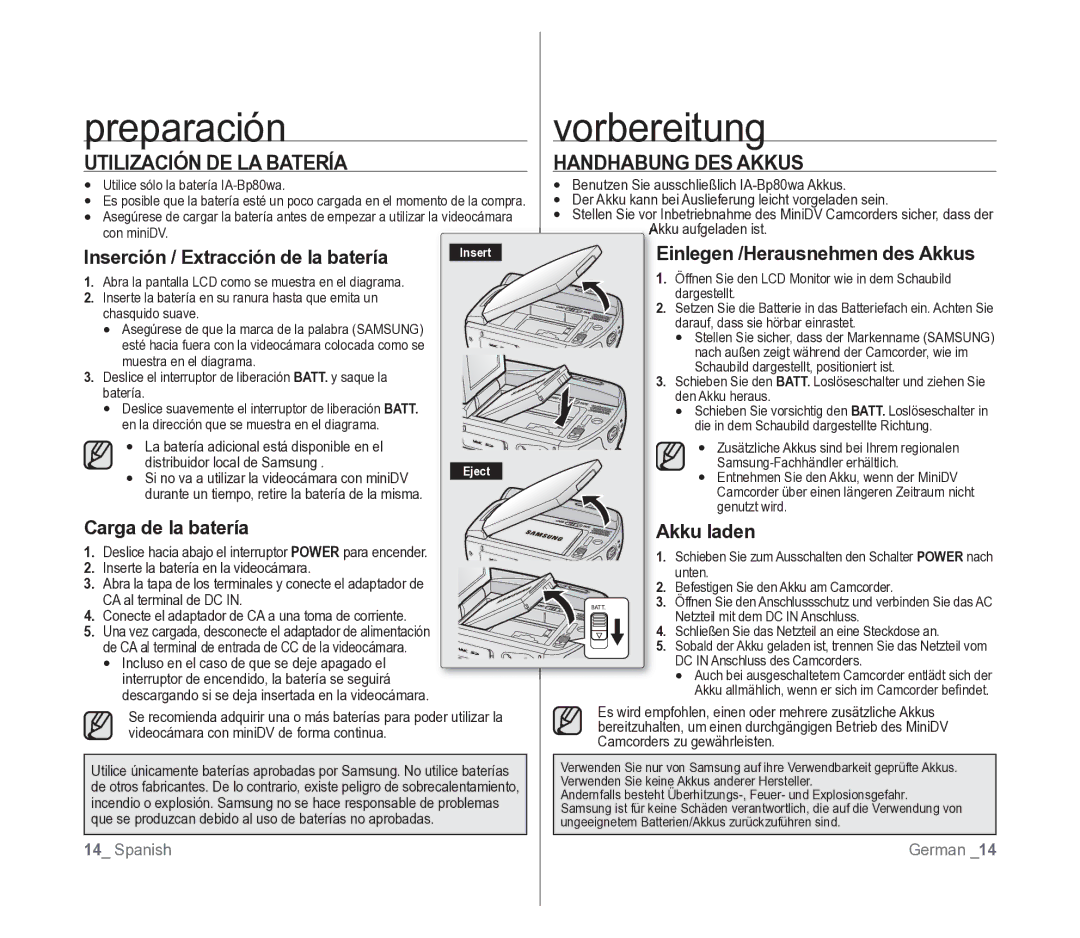 Samsung VP-D391/EDC manual Preparación, Utilización DE LA Batería, Handhabung DES Akkus 