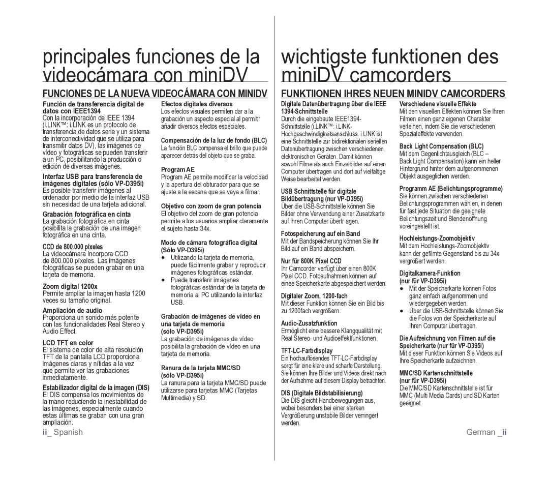 Samsung VP-D391/EDC manual Wichtigste funktionen des miniDV camcorders, Funktiionen Ihres Neuen Minidv Camcorders 