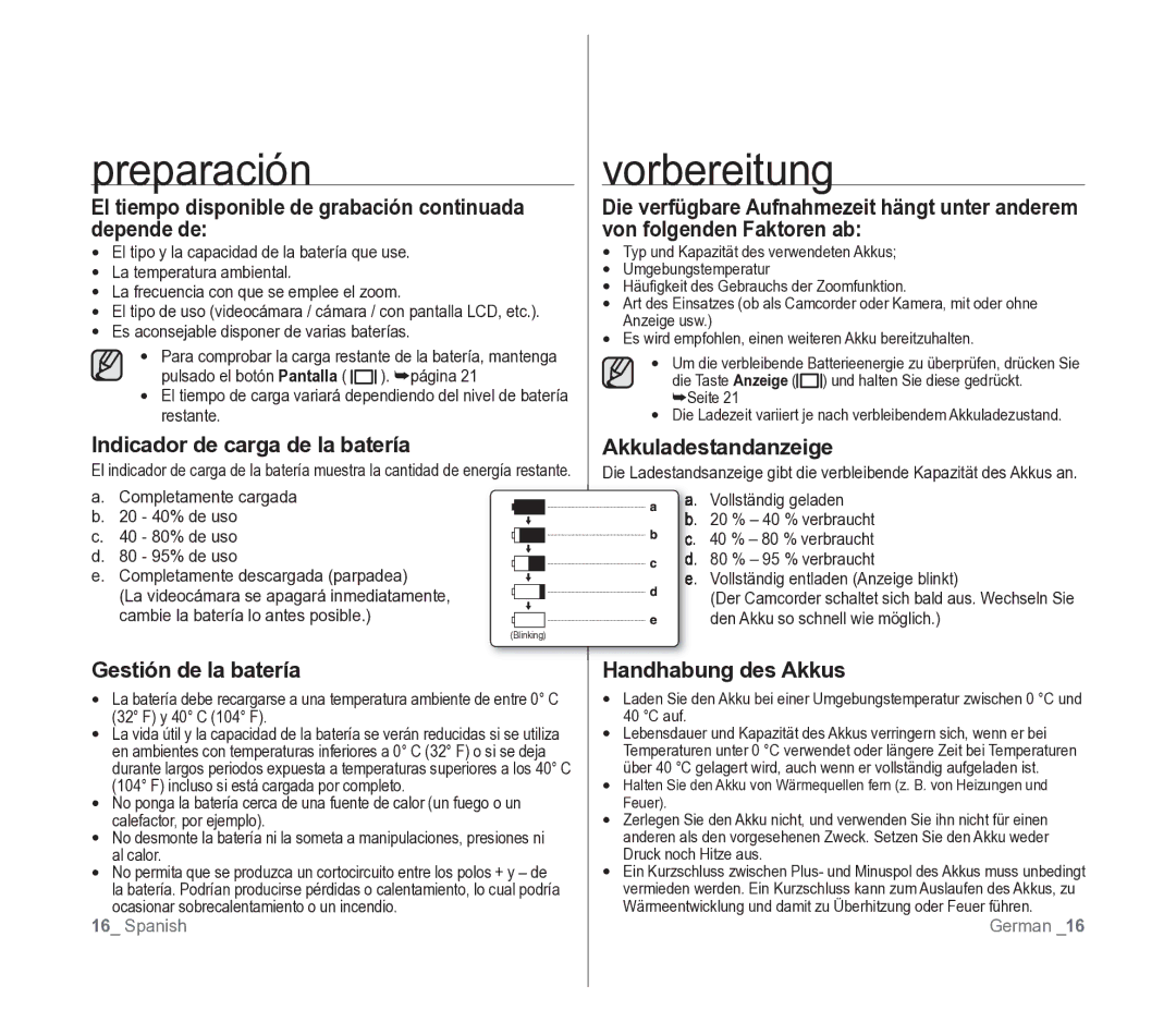 Samsung VP-D391/EDC manual El tiempo disponible de grabación continuada depende de, Indicador de carga de la batería 