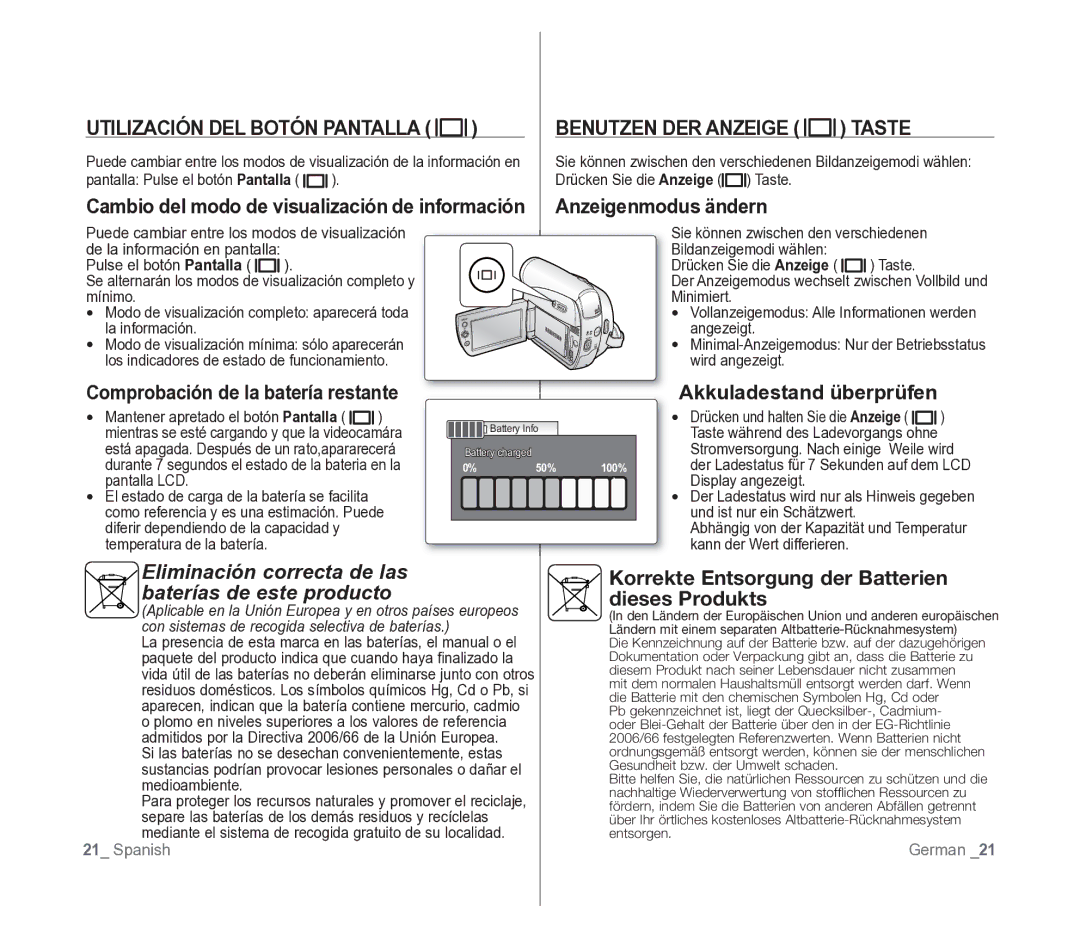 Samsung VP-D391/EDC Utilización DEL Botón Pantalla, Benutzen DER Anzeige Taste, Anzeigenmodus ändern, Dieses Produkts 