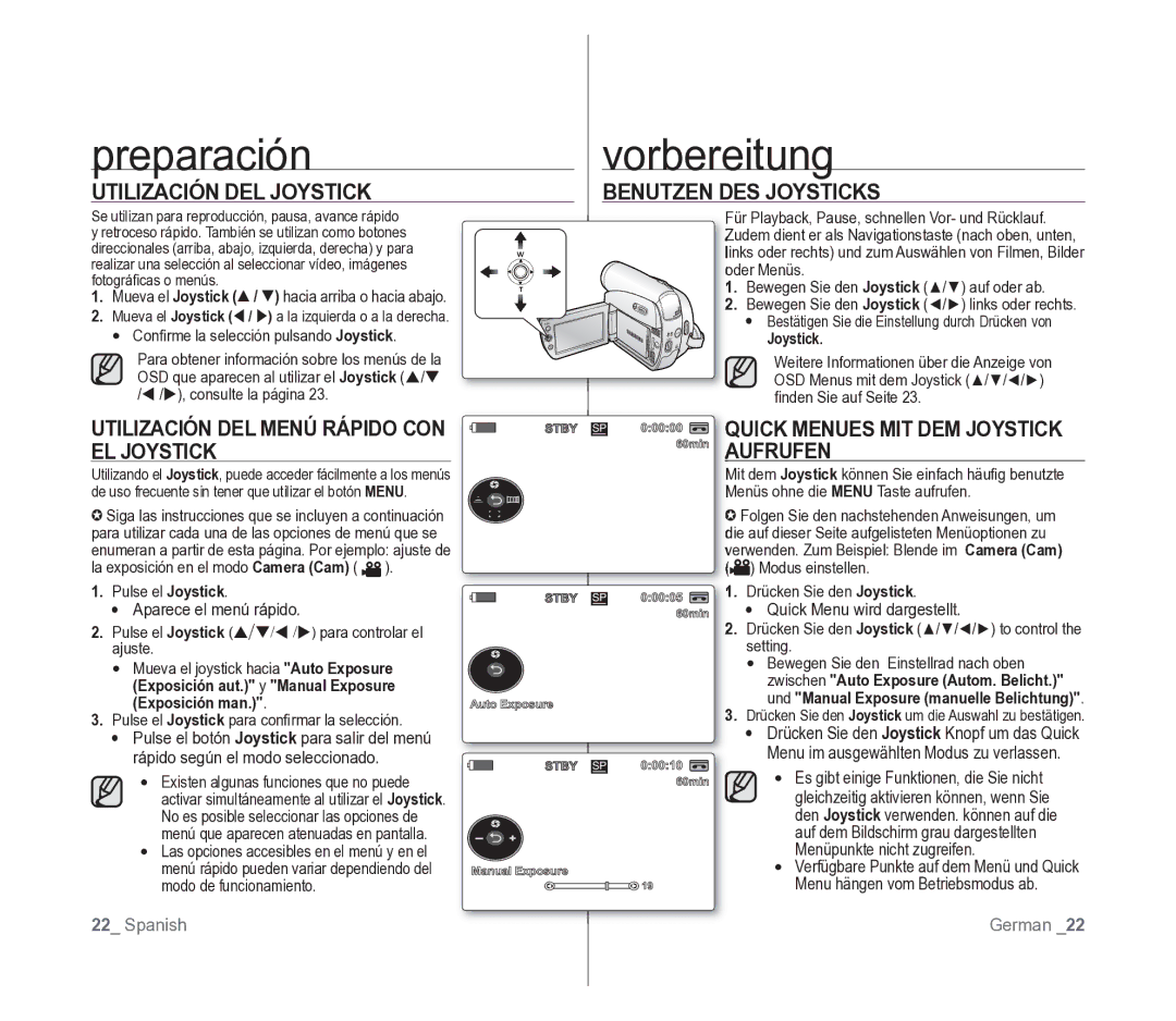 Samsung VP-D391/EDC manual Utilización DEL Joystick, Benutzen DES Joysticks, Utilización DEL Menú Rápido CON EL Joystick 