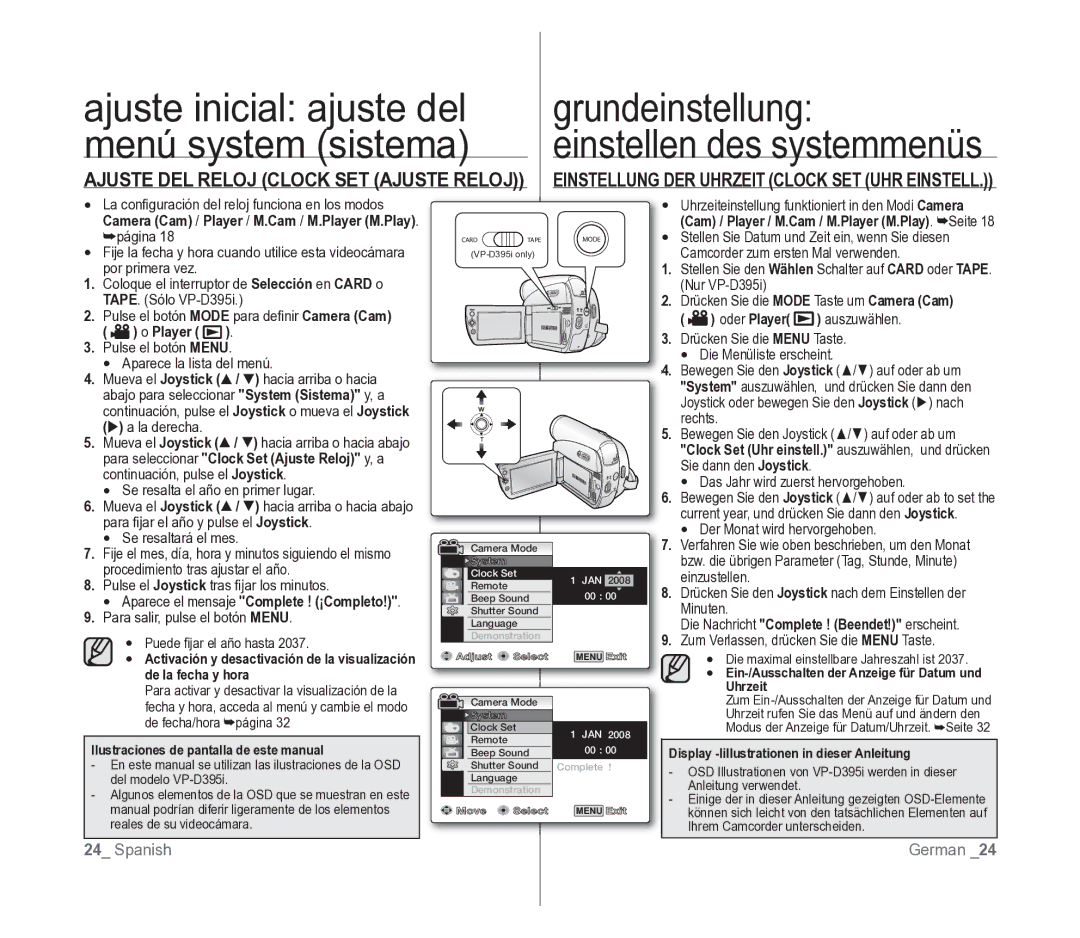 Samsung VP-D391/EDC manual Oder Player, Para seleccionar Clock Set Ajuste Reloj y, a, De la fecha y hora 