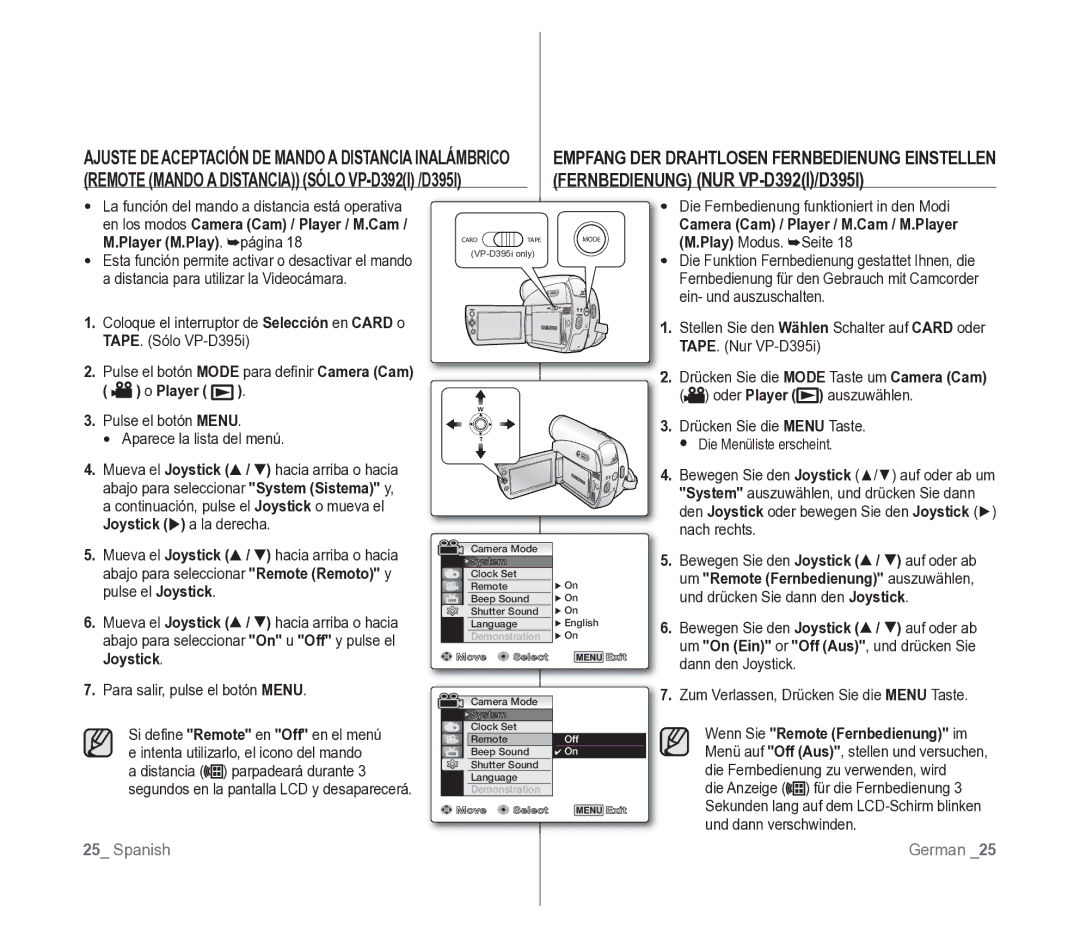 Samsung VP-D391/EDC manual Fernbedienung NUR VP-D392I/D395I, Pulse el botón Mode para deﬁnir Camera Cam o Player 