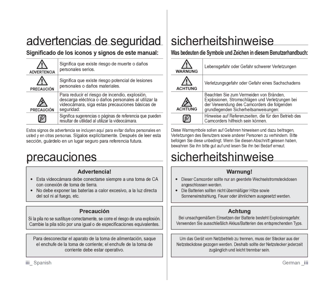 Samsung VP-D391/EDC manual Precauciones, Sicherheitshinweise, Advertencias de seguridad 