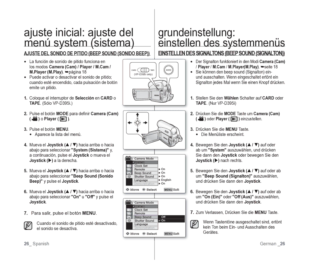 Samsung VP-D391/EDC manual Grundeinstellung Einstellen des systemmenüs, Einstellen DES Signaltons Beepsound Signalton 