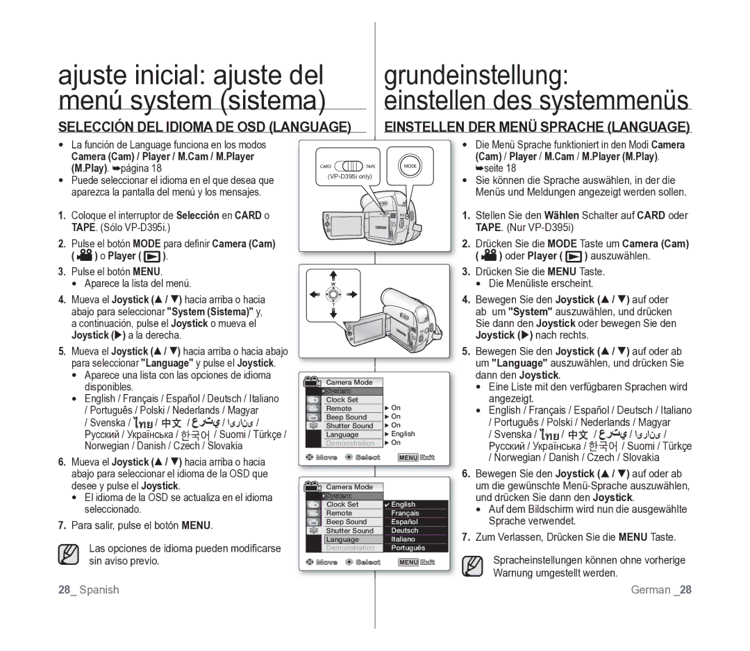 Samsung VP-D391/EDC manual Selección DEL Idioma DE OSD Language, Einstellen DER Menü Sprache Language 