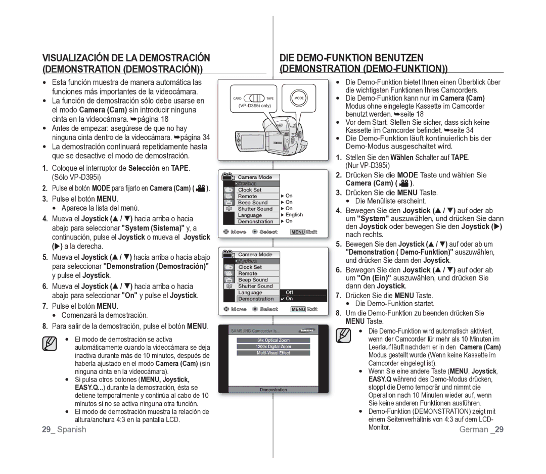 Samsung VP-D391/EDC manual DIE DEMO-FUNKTION Benutzen, Demonstration Demostración Demonstration DEMO-FUNKTION, Camera Cam 