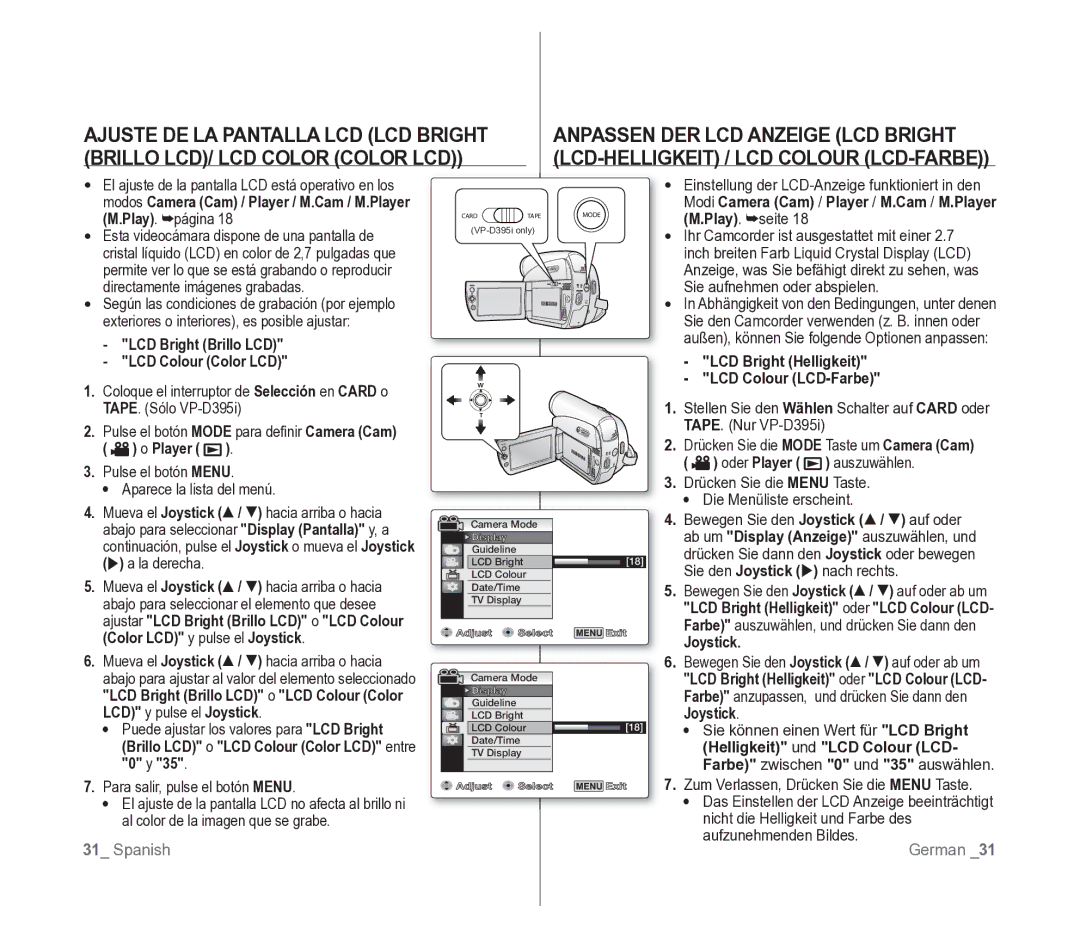 Samsung VP-D391/EDC manual LCD-HELLIGKEIT / LCD Colour LCD-FARBE 