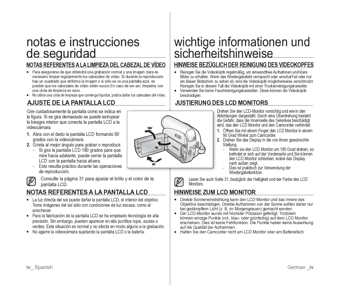 Samsung VP-D391/EDC manual Wichtige informationen und sicherheitshinweise, Notas e instrucciones de seguridad 