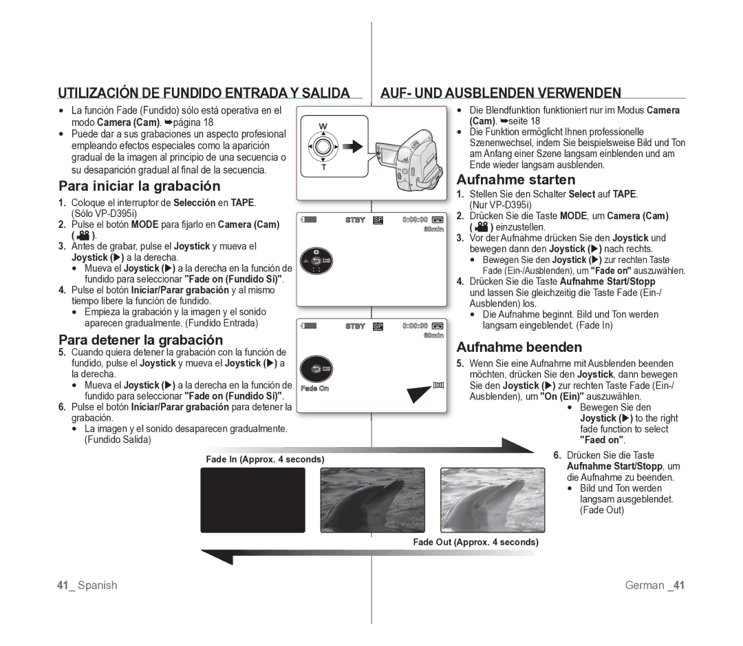 Samsung VP-D391/EDC Para iniciar la grabación, Aufnahme starten, Para detener la grabación, Aufnahme beenden, Faed on 