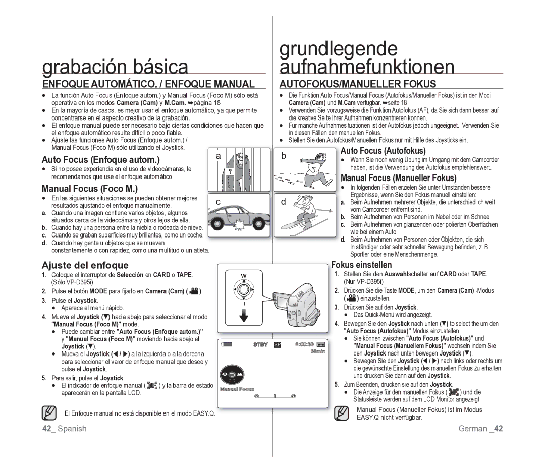 Samsung VP-D391/EDC manual Auto Focus Autofokus Auto Focus Enfoque autom, Manual Focus Foco M 