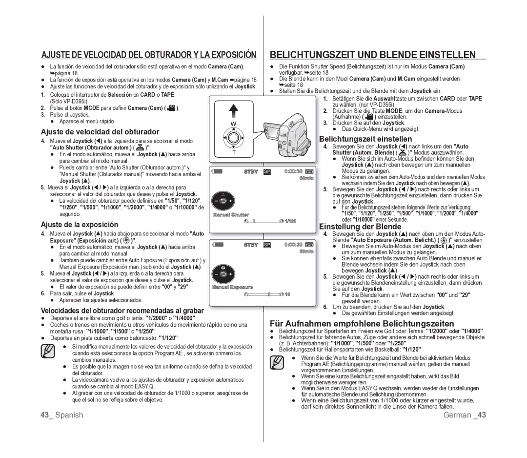 Samsung VP-D391/EDC manual Belichtungszeit UND Blende Einstellen, Für Aufnahmen empfohlene Belichtungszeiten 