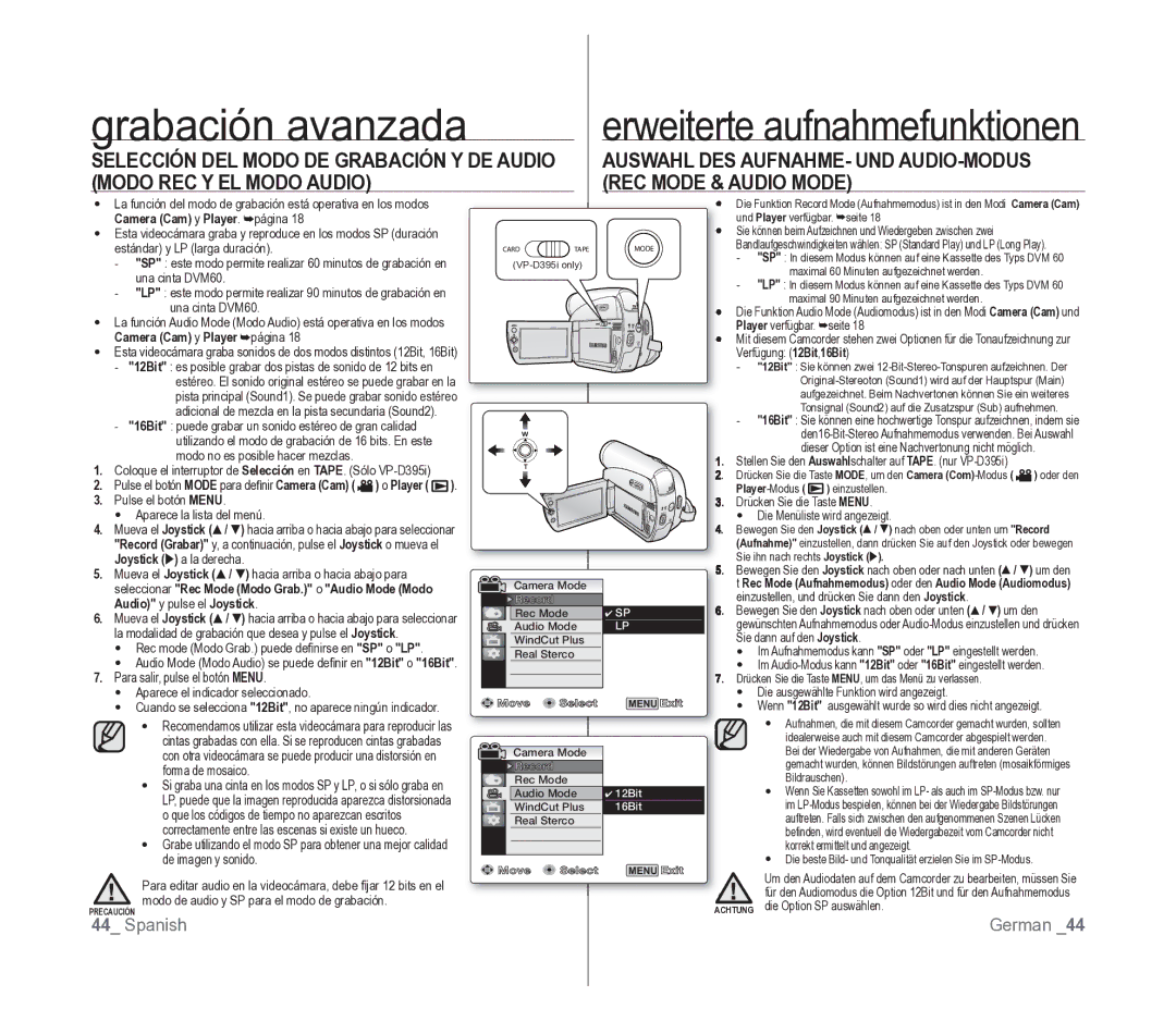 Samsung VP-D391/EDC manual Camera Cam y Player página, Player Player-Modus, Audio y pulse el Joystick 