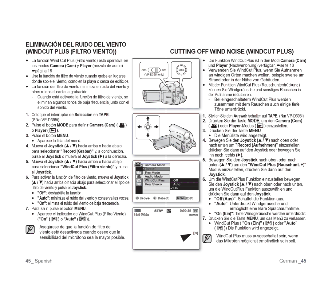 Samsung VP-D391/EDC manual Cutting OFF Wind Noise Windcut Plus, Eliminación DEL Ruido DEL Viento Windcut Plus Filtro Viento 