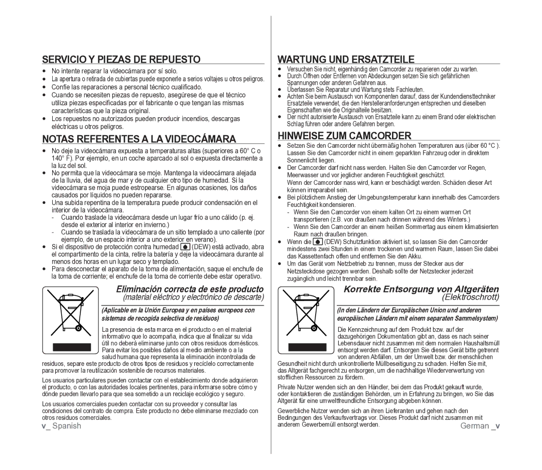 Samsung VP-D391/EDC manual Servicio Y Piezas DE Repuesto, Notas Referentes a LA Videocámara, Wartung UND Ersatzteile 