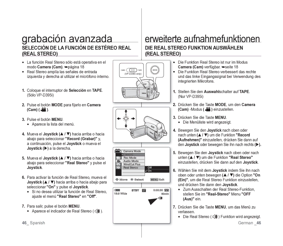 Samsung VP-D391/EDC manual Grabación avanzada, Cam Cam -Modus, Aus ein 