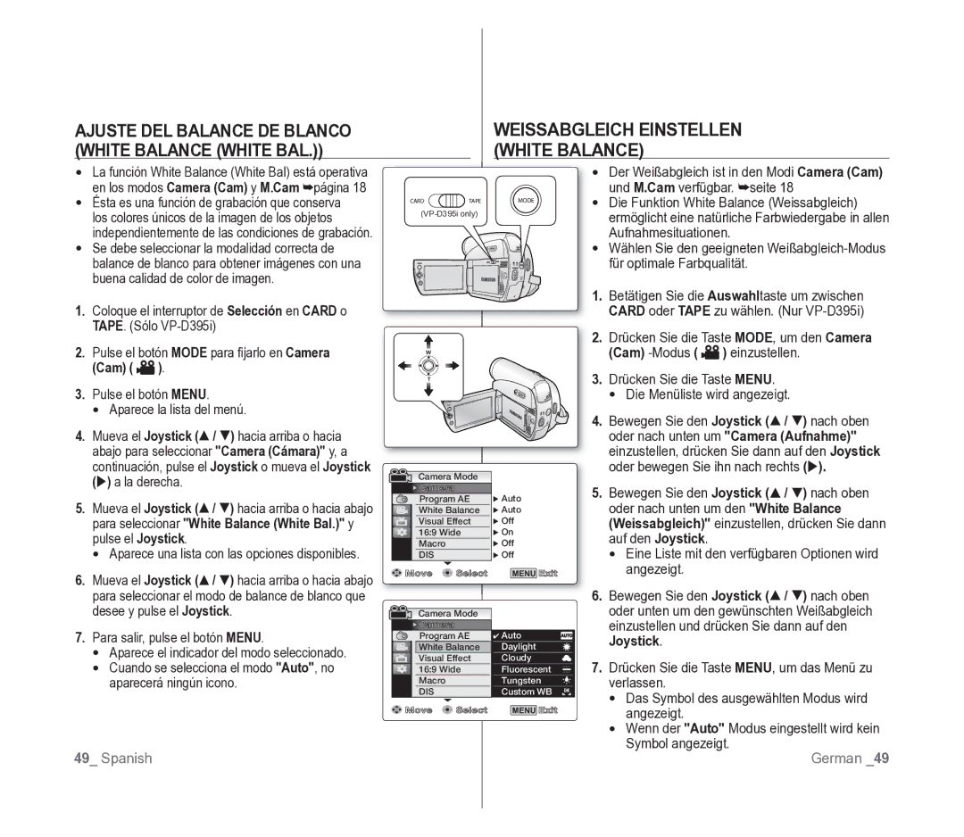 Samsung VP-D391/EDC manual Weissabgleich Einstellen White Balance, Ajuste DEL Balance DE Blanco White Balance White BAL 