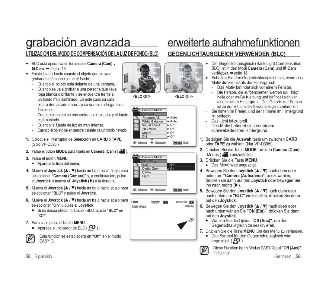 Samsung VP-D391/EDC manual Gegenlichtausgleich Verwenden BLC, Off, Festgelegt 