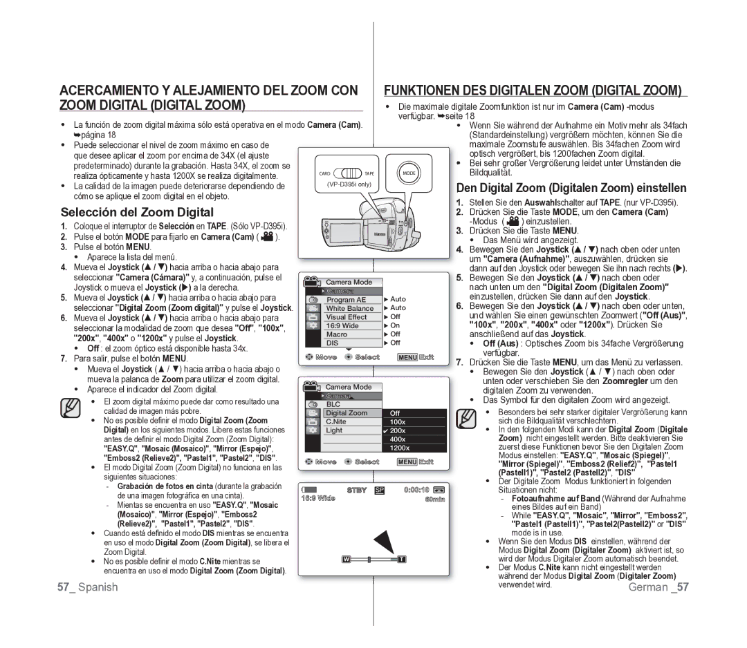 Samsung VP-D391/EDC manual Zoom Digital Digital Zoom, Acercamiento Y Alejamiento DEL Zoom CON, Selección del Zoom Digital 