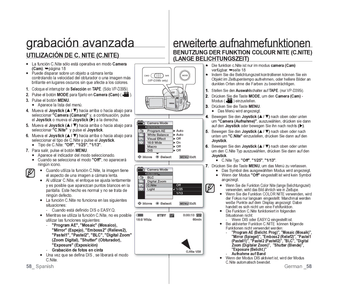 Samsung VP-D391/EDC manual Utilización DE C. Nite C.NITE, Benutzung DER Funktion Colour Nite C.NITE, Lange Belichtungszeit 