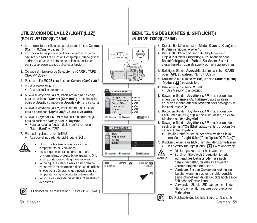 Samsung VP-D391/EDC manual Benutzung DES Lichtes Lightlicht, Sólo VP-D392I/D395I NUR VP-D392I/D395I, Light Luz en Off 