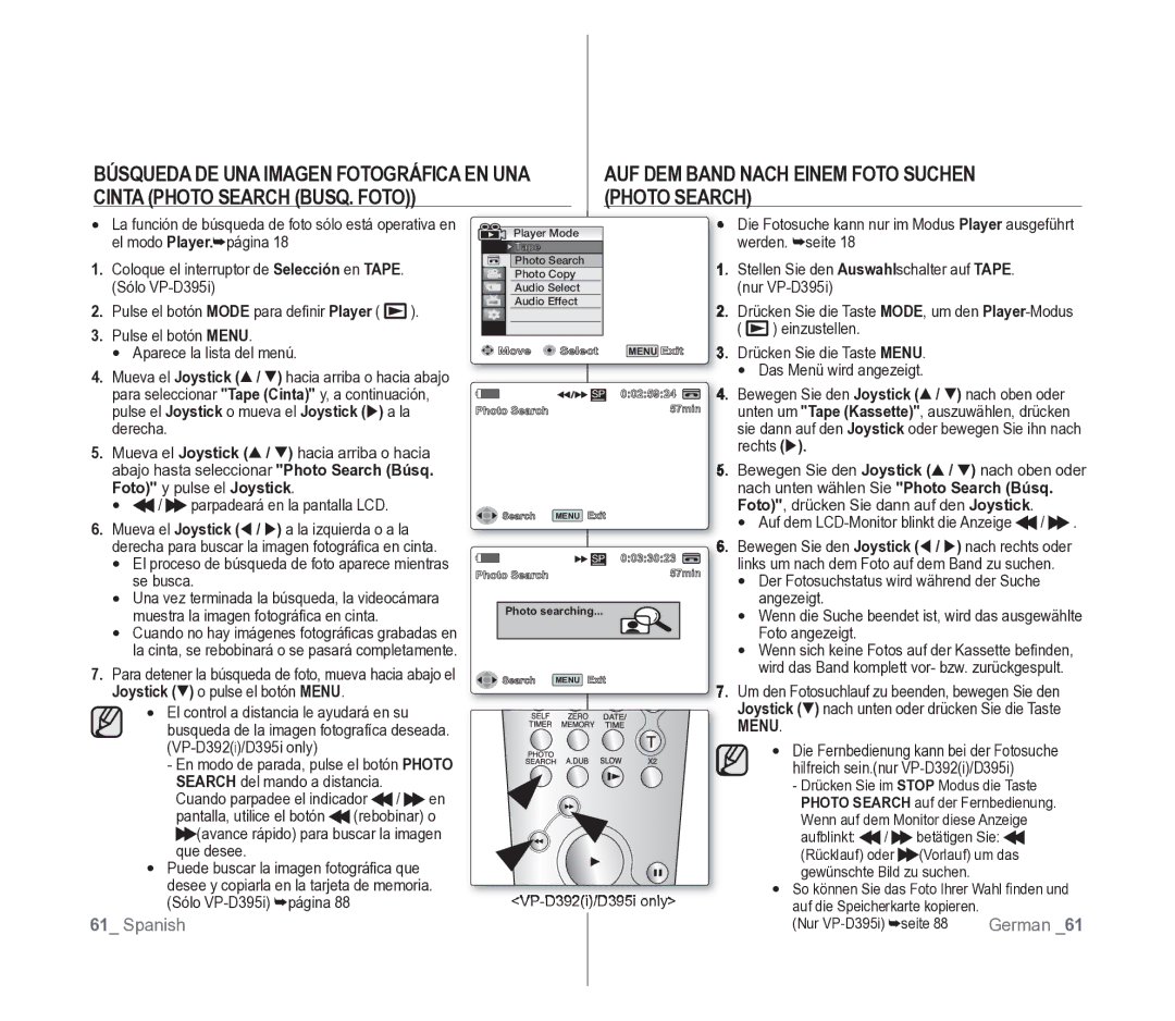 Samsung VP-D391/EDC manual Cinta Photo Search BUSQ. Foto, Foto y pulse el Joystick, Menu 