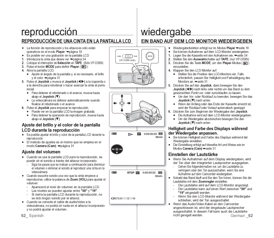 Samsung VP-D391/EDC manual Reproducción, Wiedergabe, EIN Band AUF DEM LCD Monitor Wiedergeben, Ajuste del volumen 