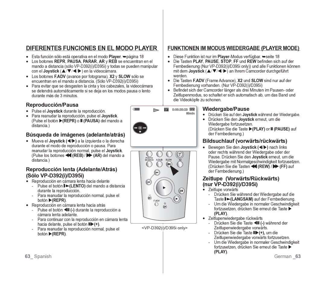 Samsung VP-D391/EDC manual Diferentes Funciones EN EL Modo Player 