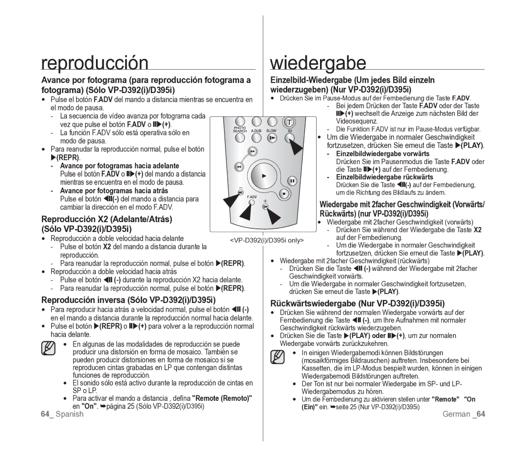 Samsung VP-D391/EDC manual Reproducción X2 Adelante/Atrás Sólo VP-D392i/D395i, Reproducción inversa Sólo VP-D392i/D395i 