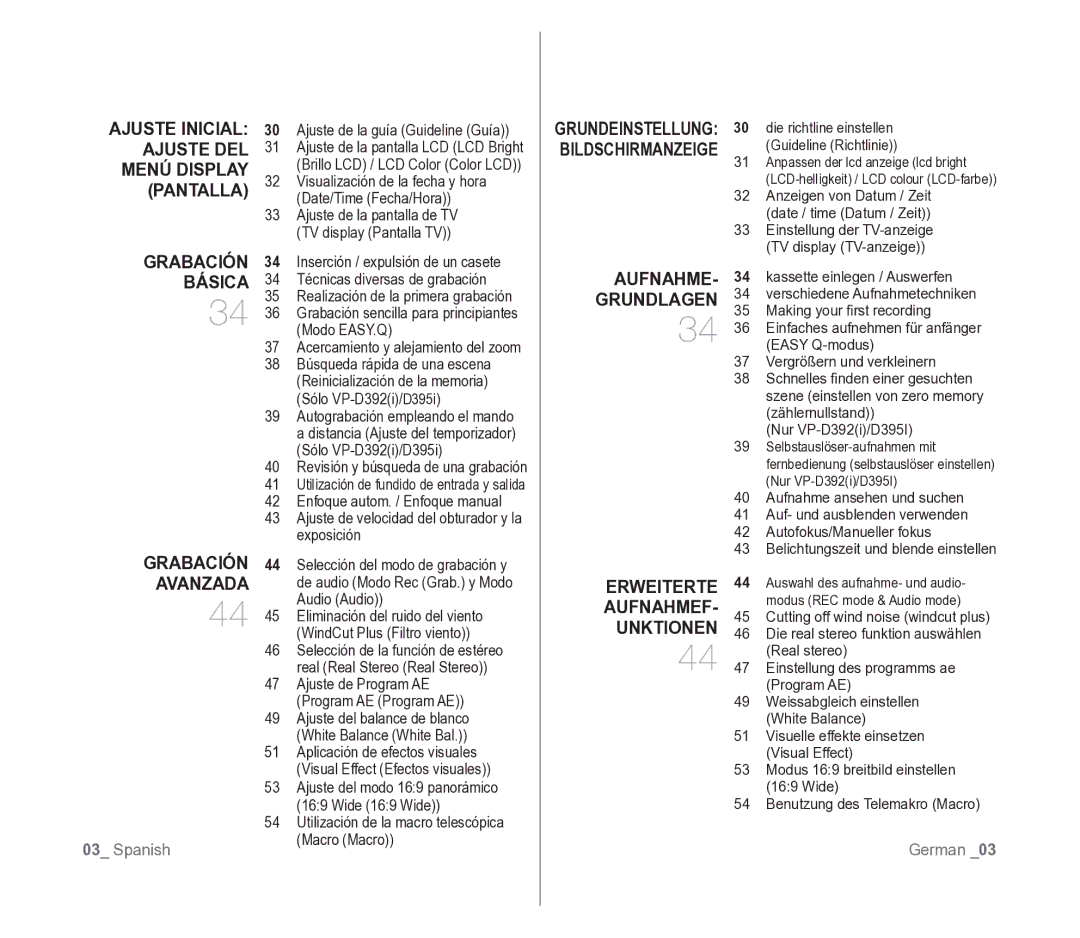 Samsung VP-D391/EDC Ajuste Inicial Ajuste DEL Menú Display Pantalla Grabación, Básica, Aufnahme, Grundlagen, Avanzada 