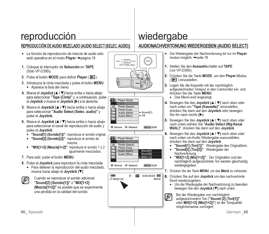 Samsung VP-D391/EDC manual Reproducción, Sound2 Ton2 Wiedergabe der 