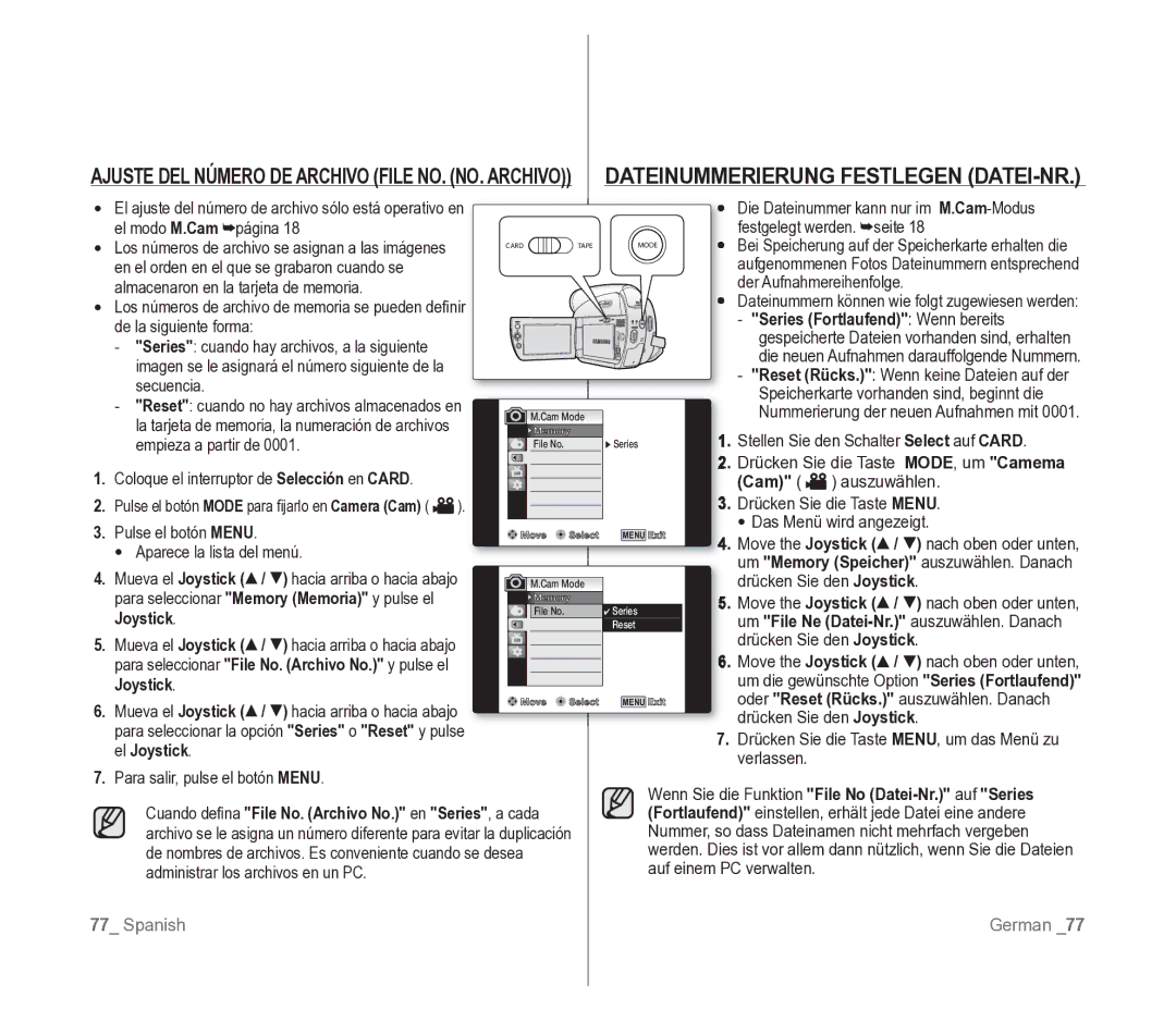 Samsung VP-D391/EDC manual Dateinummerierung Festlegen DATEI-NR 