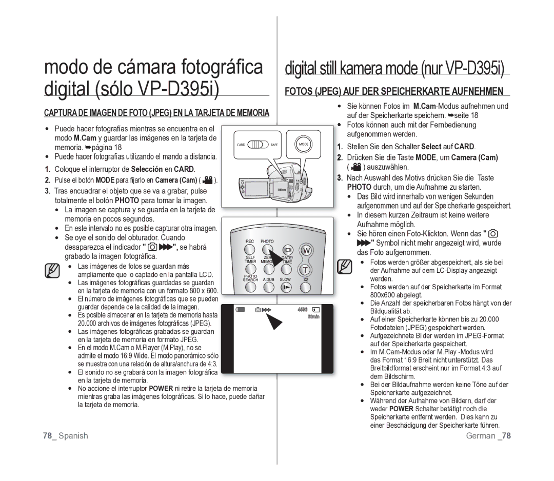 Samsung VP-D391/EDC manual Fotos Jpeg AUF DER Speicherkarte Aufnehmen 