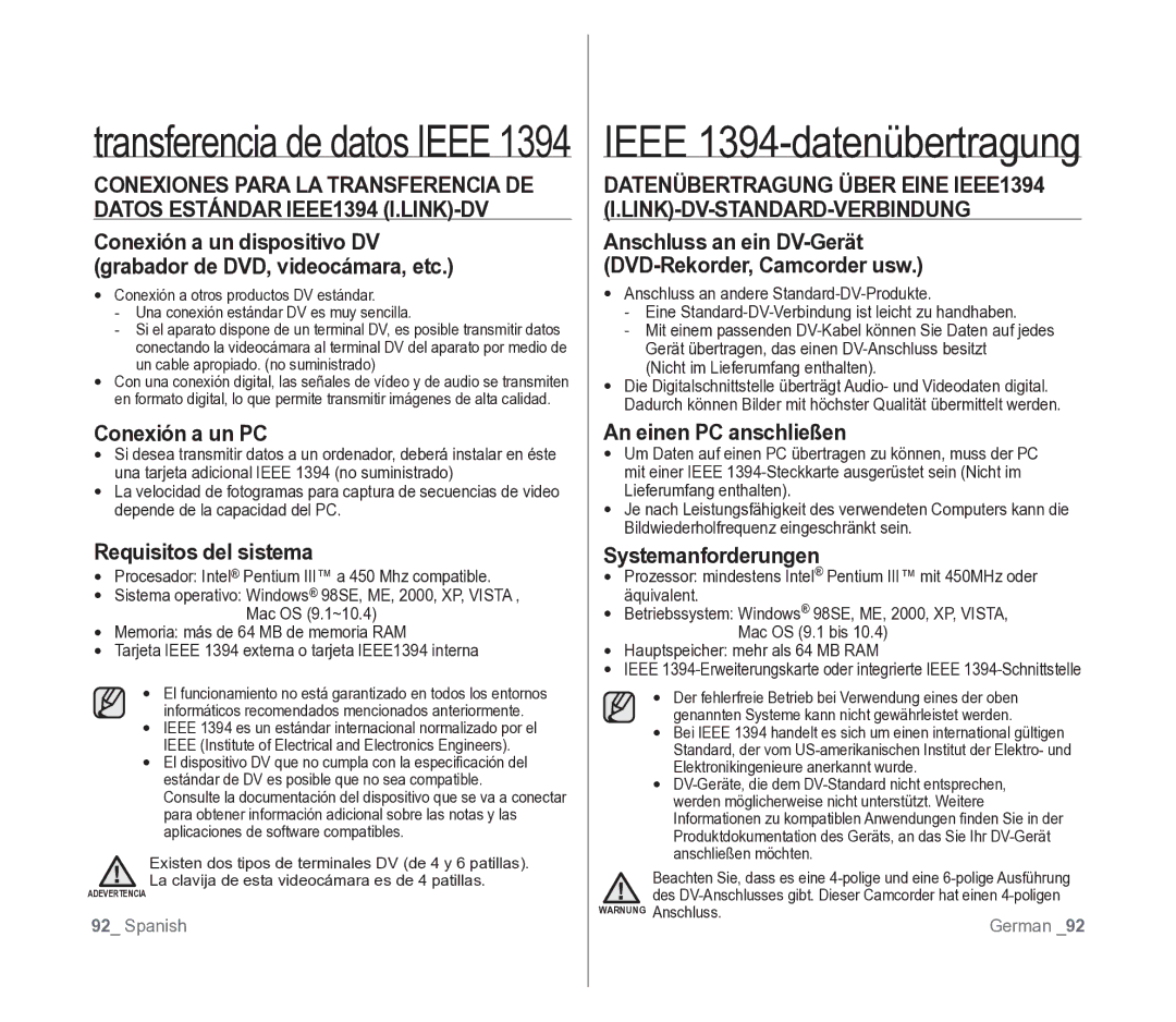 Samsung VP-D391/EDC manual Ieee 1394-datenübertragung, Conexión a un PC, Requisitos del sistema, An einen PC anschließen 