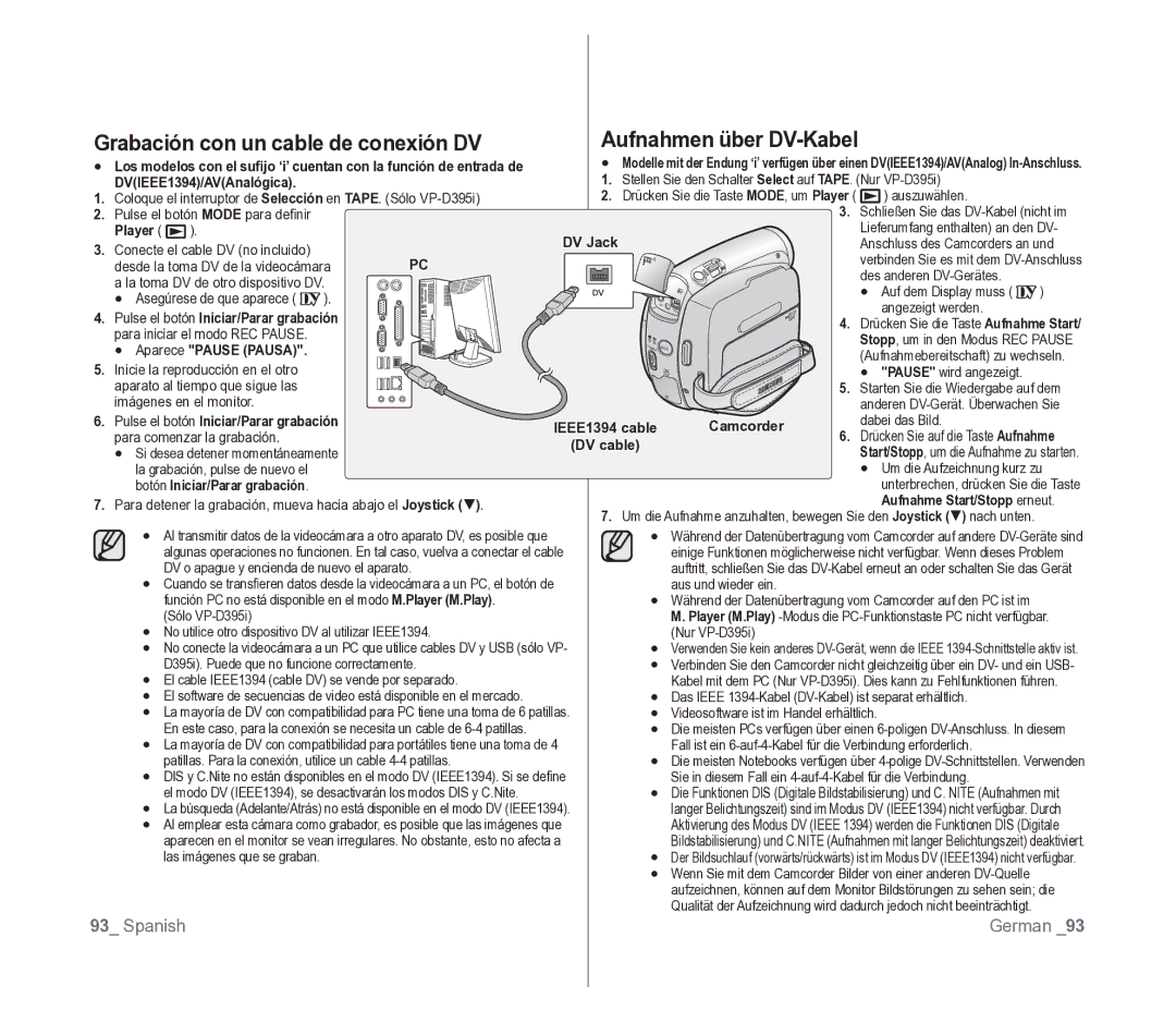 Samsung VP-D391/EDC manual Grabación con un cable de conexión DV, Aufnahmen über DV-Kabel, Aparece Pause Pausa 