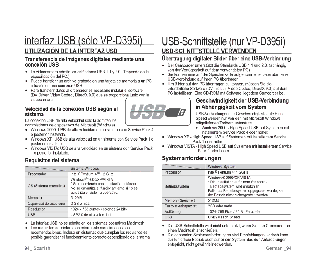 Samsung VP-D391/EDC manual Utilización DE LA Interfaz USB USB-SCHNITTSTELLE Verwenden, Conexión USB 