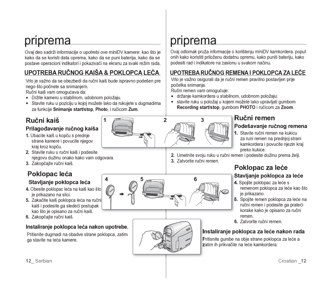 Samsung VP-D391/EDC manual Priprema, Upotreba Ručnog Kaiša & Poklopca Leća, Stavljanje poklopca leća 