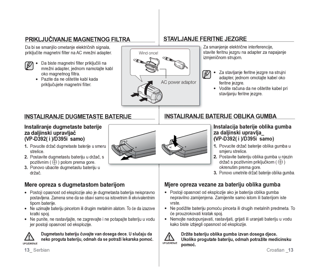 Samsung VP-D391/EDC manual Priključivanje Magnetnog Filtra, Instaliranje Dugmetaste Baterije, Stavljanje Feritne Jezgre 