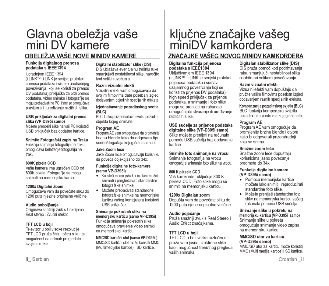 Samsung VP-D391/EDC manual Obeležja Vaše Nove Minidv Kamere, Značajke Vašeg Novog Minidv Kamkordera 